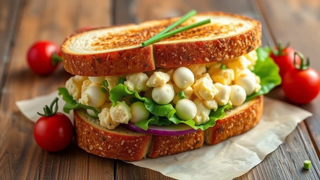 A classic egg salad sandwich with lettuce and chives on toasted bread, accompanied by cherry tomatoes.